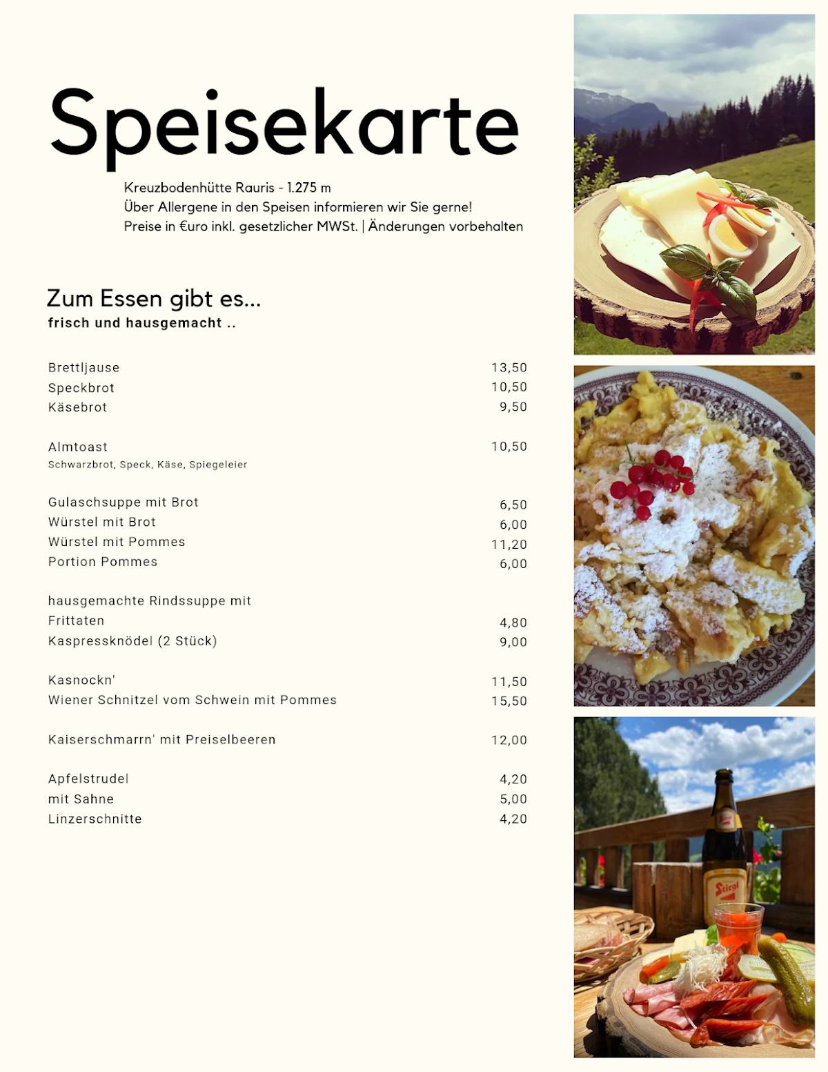 Kreuzbodenhütte меню