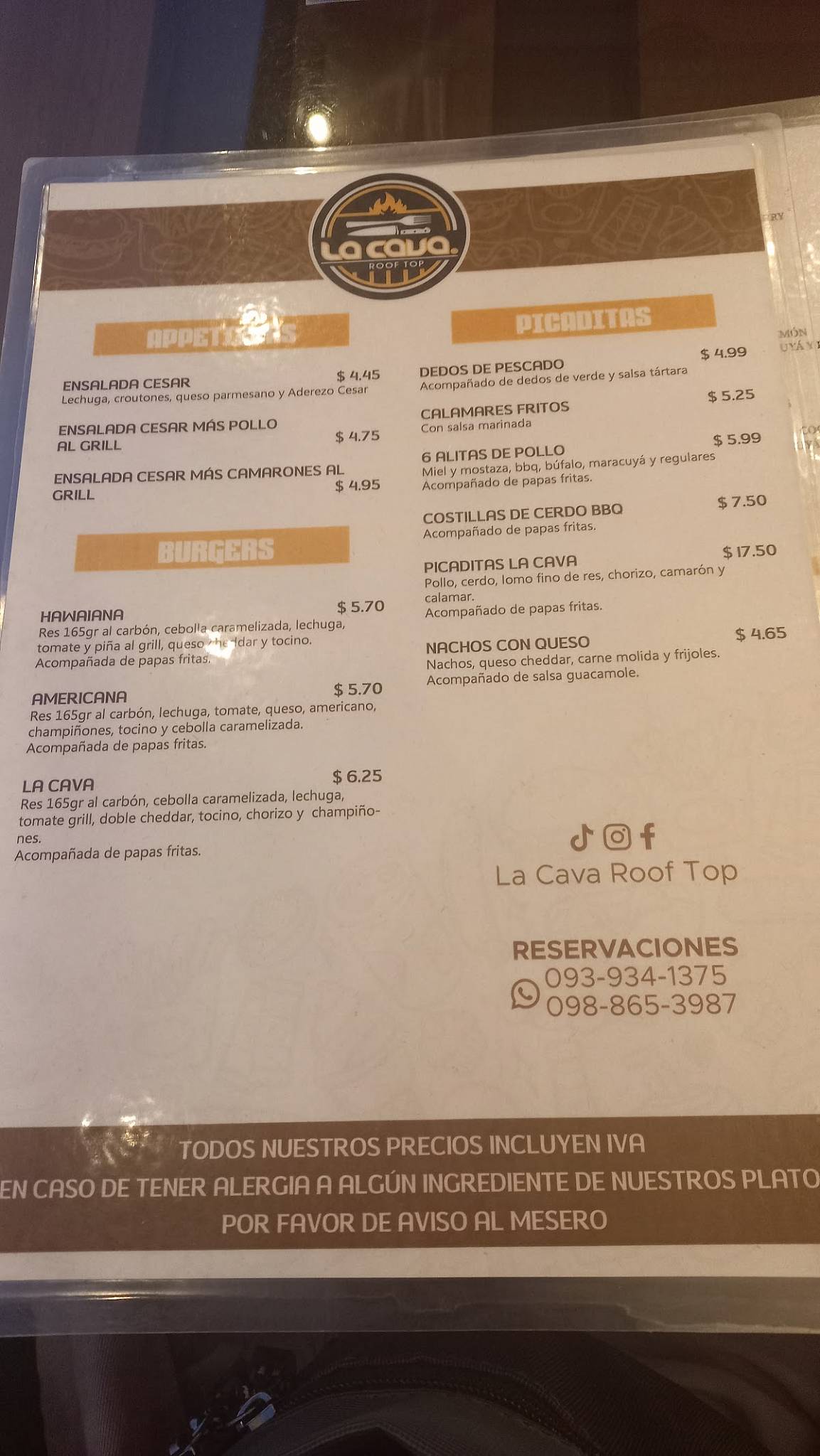 LA CAVA ROOF TOP меню