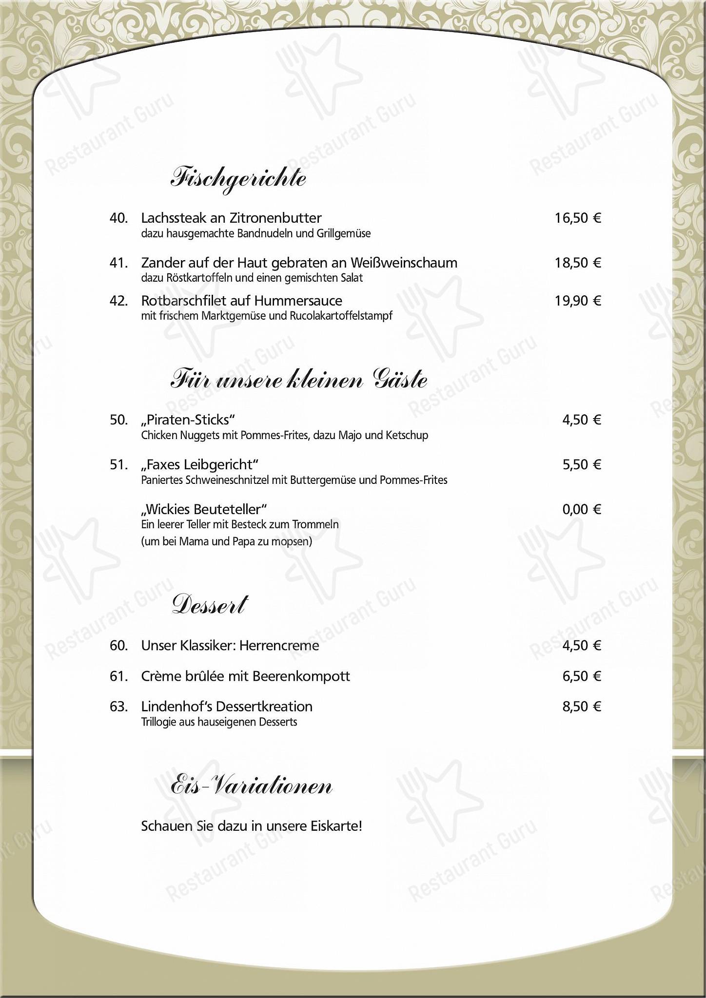 Lindenhof в Ресе - Dinner Menu