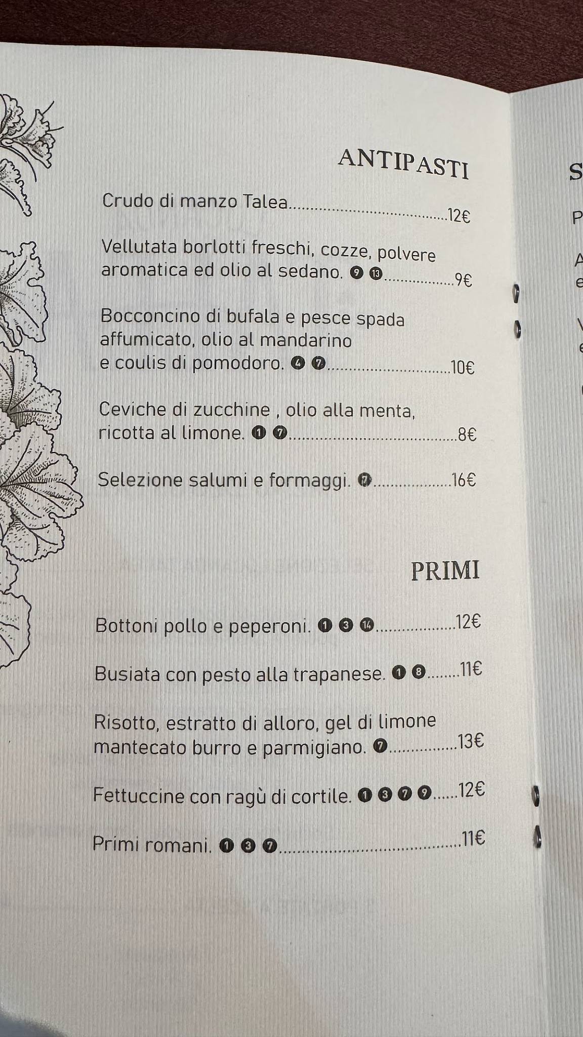 Locanda Talea меню