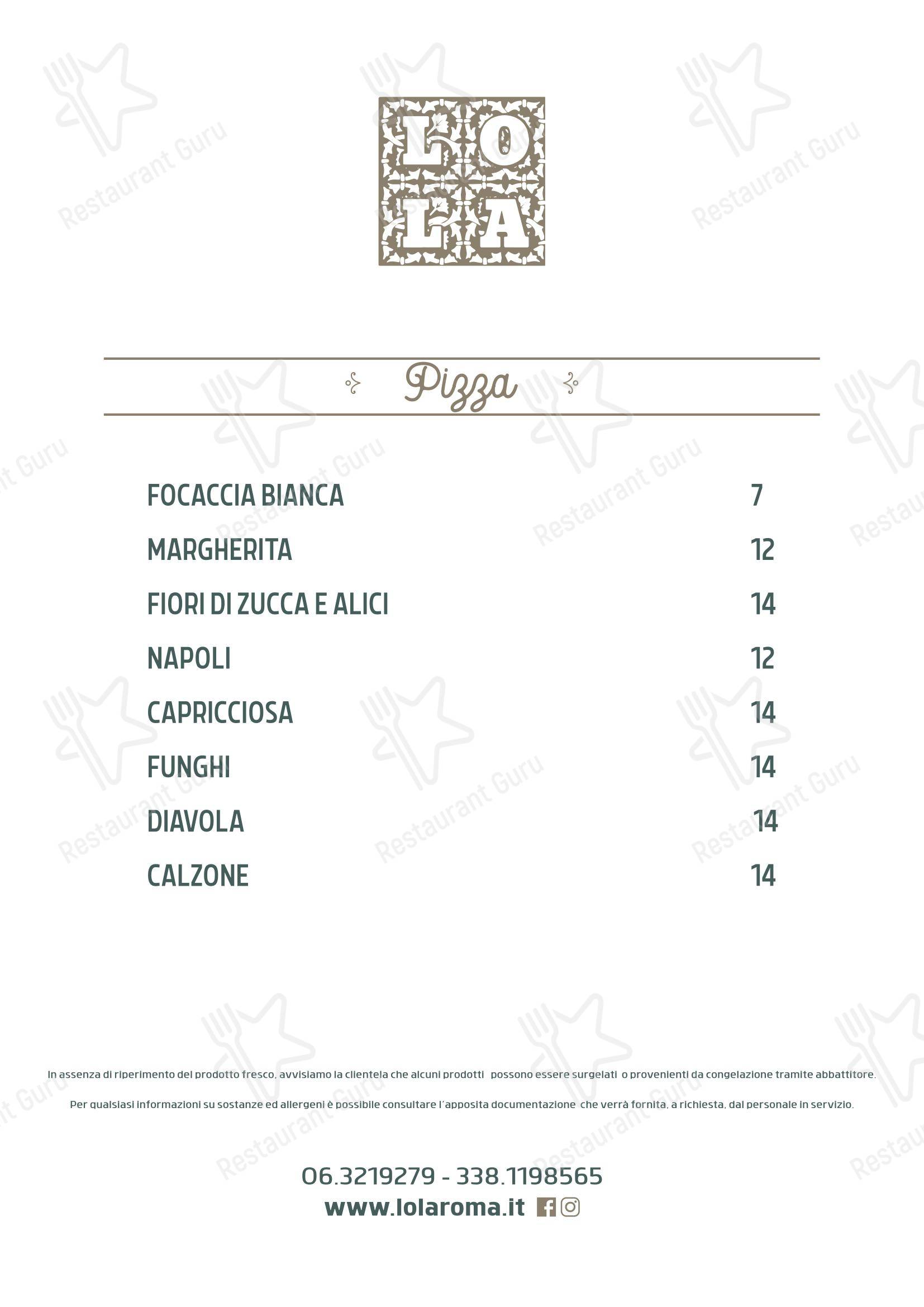 Меню ресторана Lola al Villa Flaminia в Риме