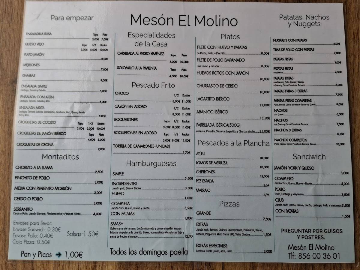 MESON EL MOLINO меню