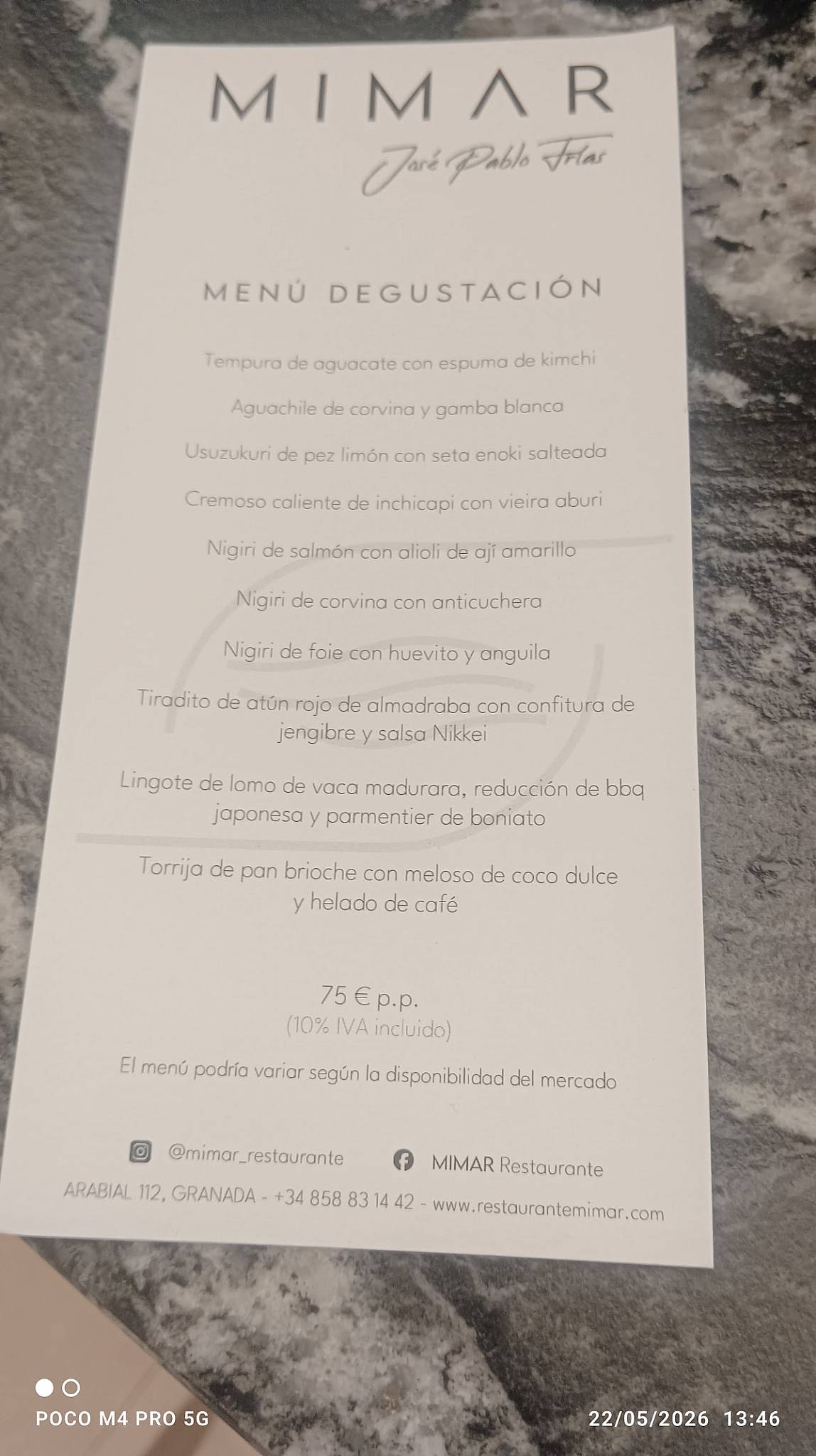 MIMAR Restaurante меню
