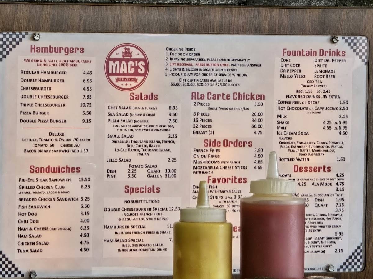 Mac's Drive-In меню
