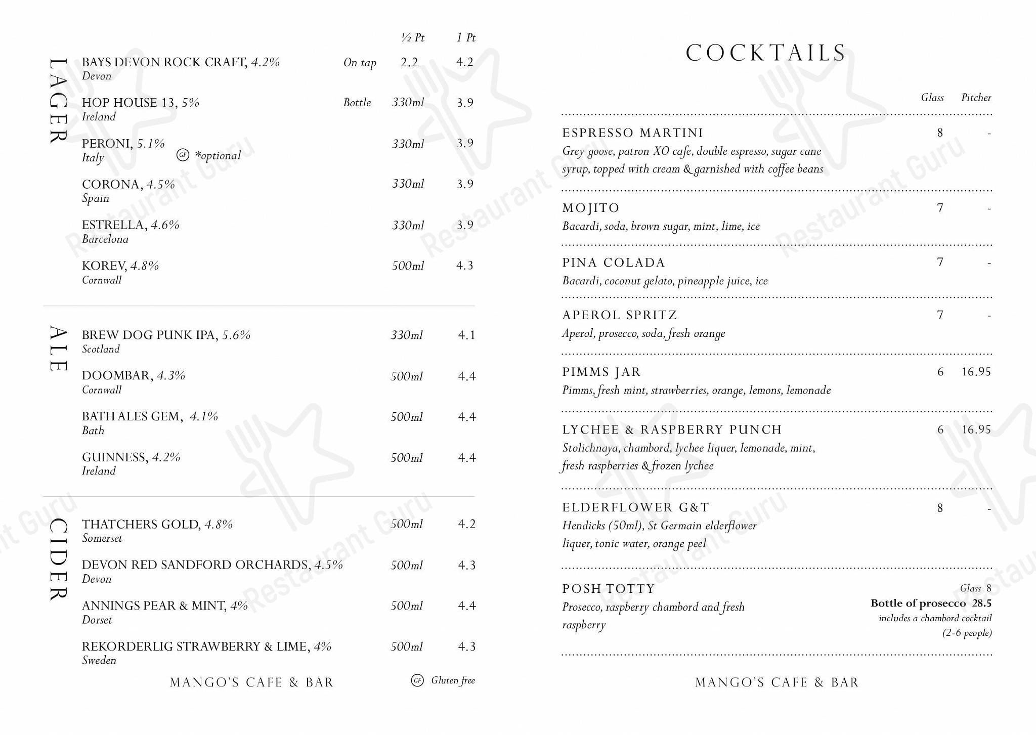 Wine Menu кафе Mango’s Cafe