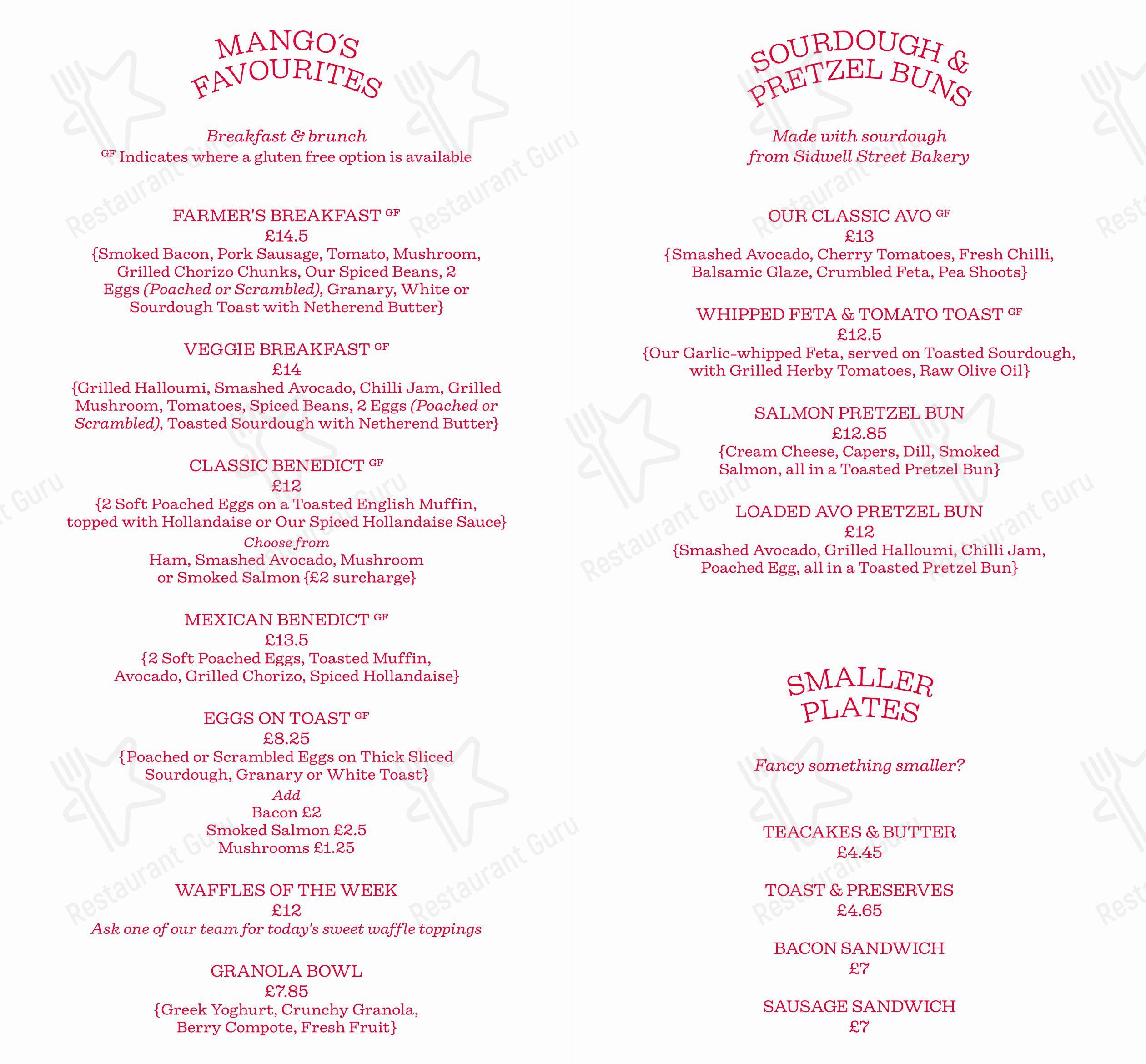 Меню кафе Mango’s Cafe