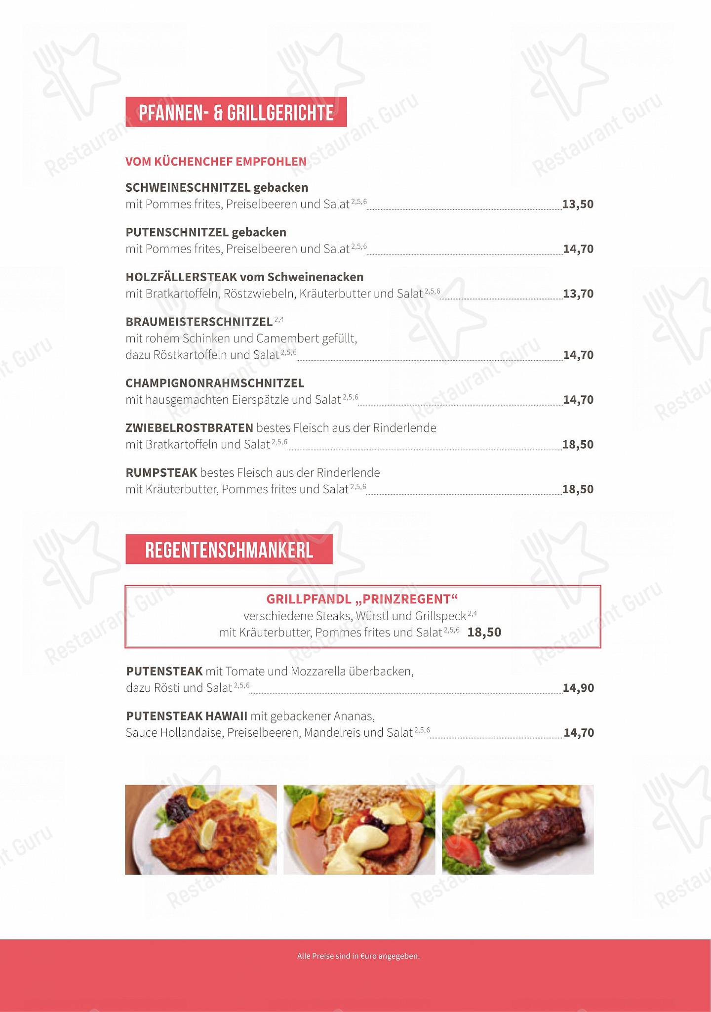 Меню ресторана Prinzregent - Меню