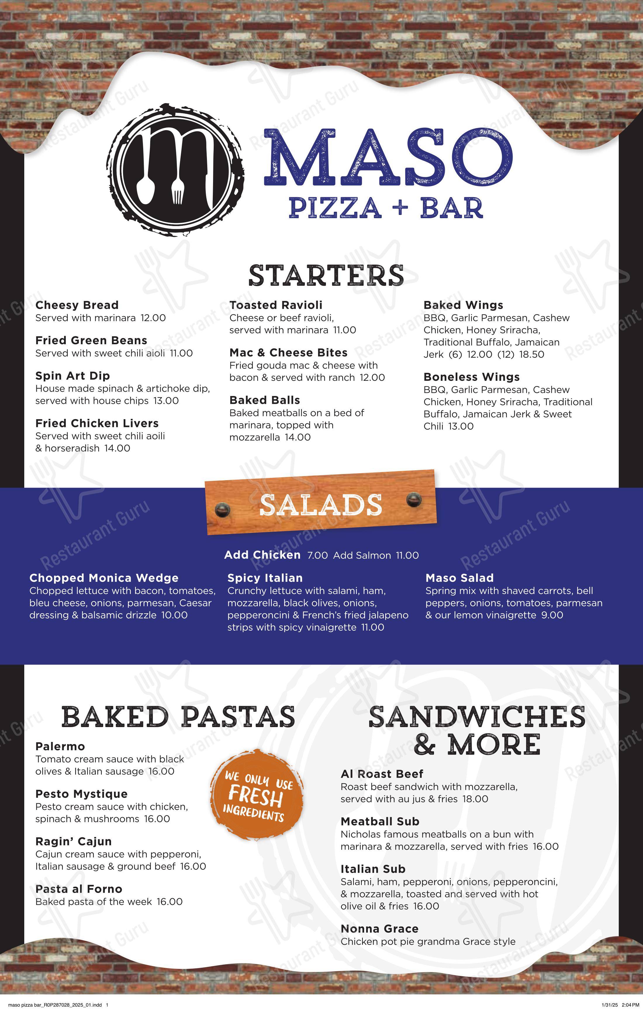 Меню паба и бара Maso Pizza Bar Restaurant