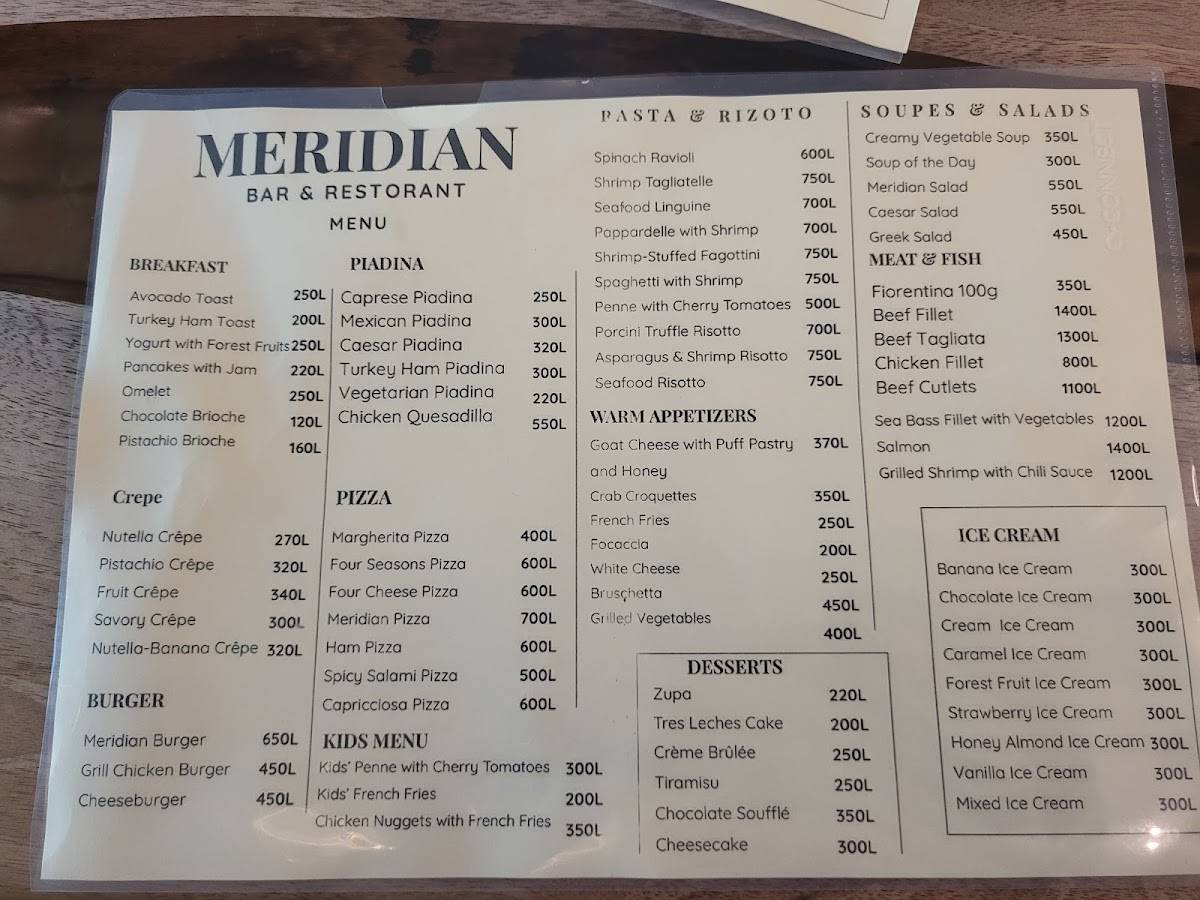 Meridian Bar Restorant меню
