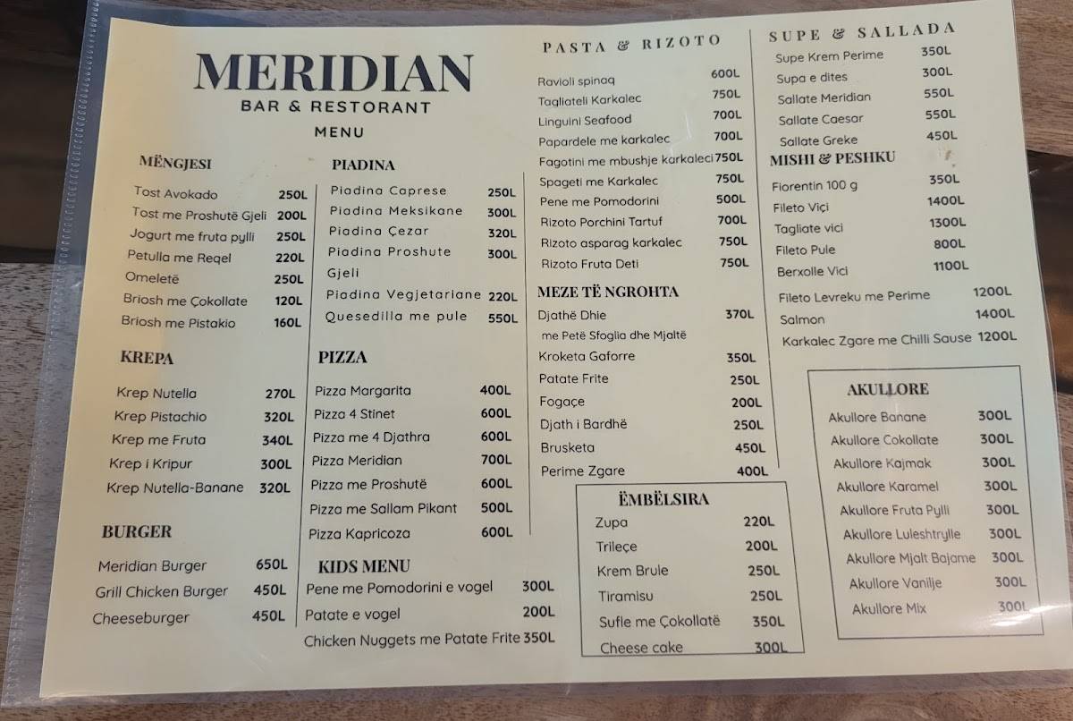 Meridian Bar Restorant меню