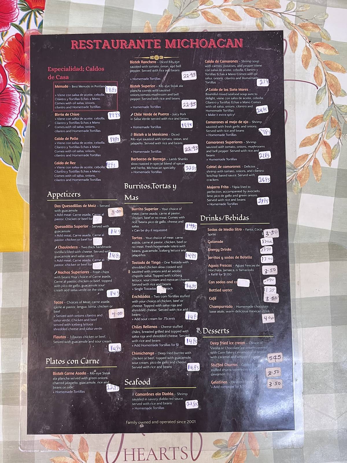 Michoacan mexican restaurant меню