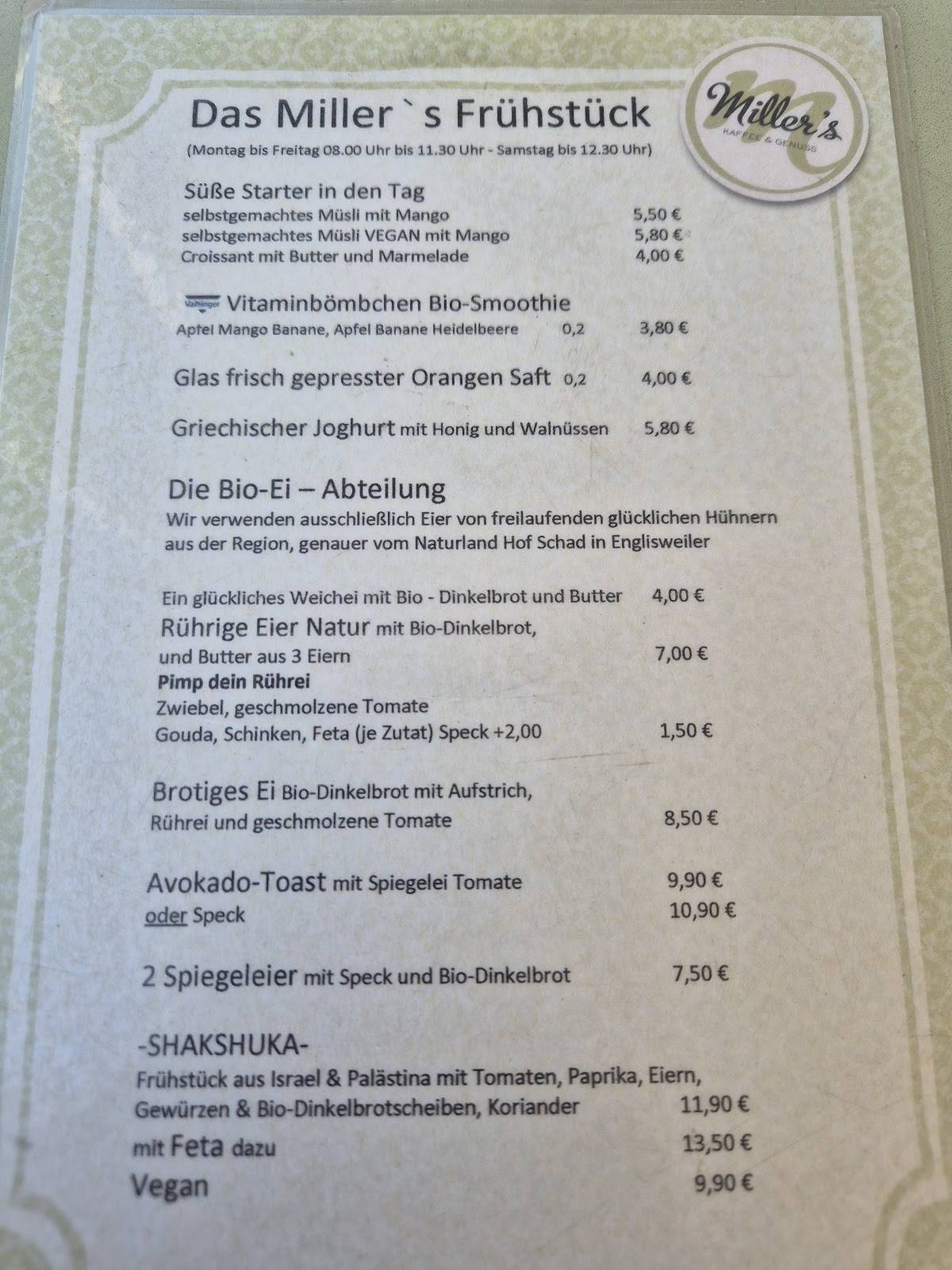 Miller`s Kaffee & Genuss меню