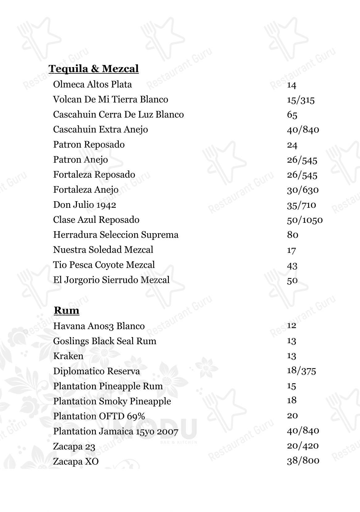 Меню паба и бара Modu Bar & Kitchen