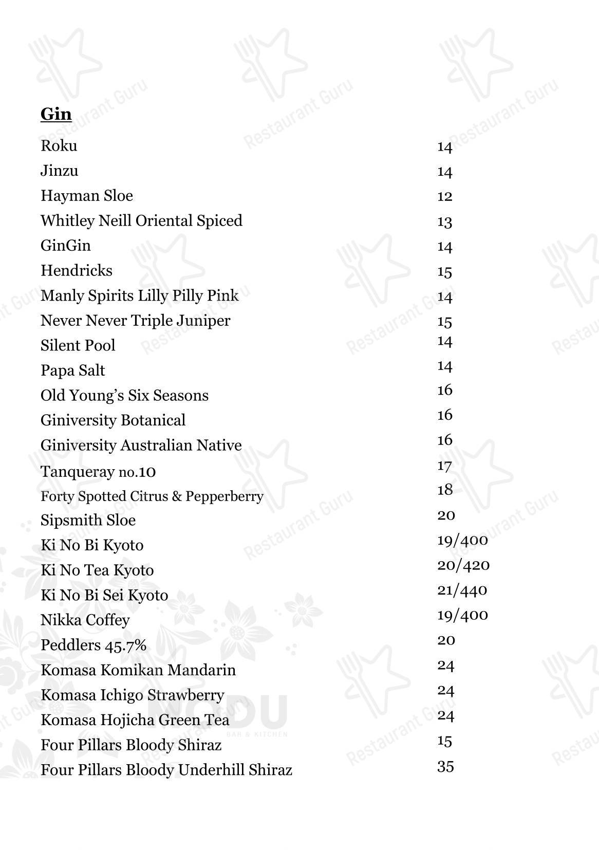 Меню паба и бара Modu Bar & Kitchen в Перте