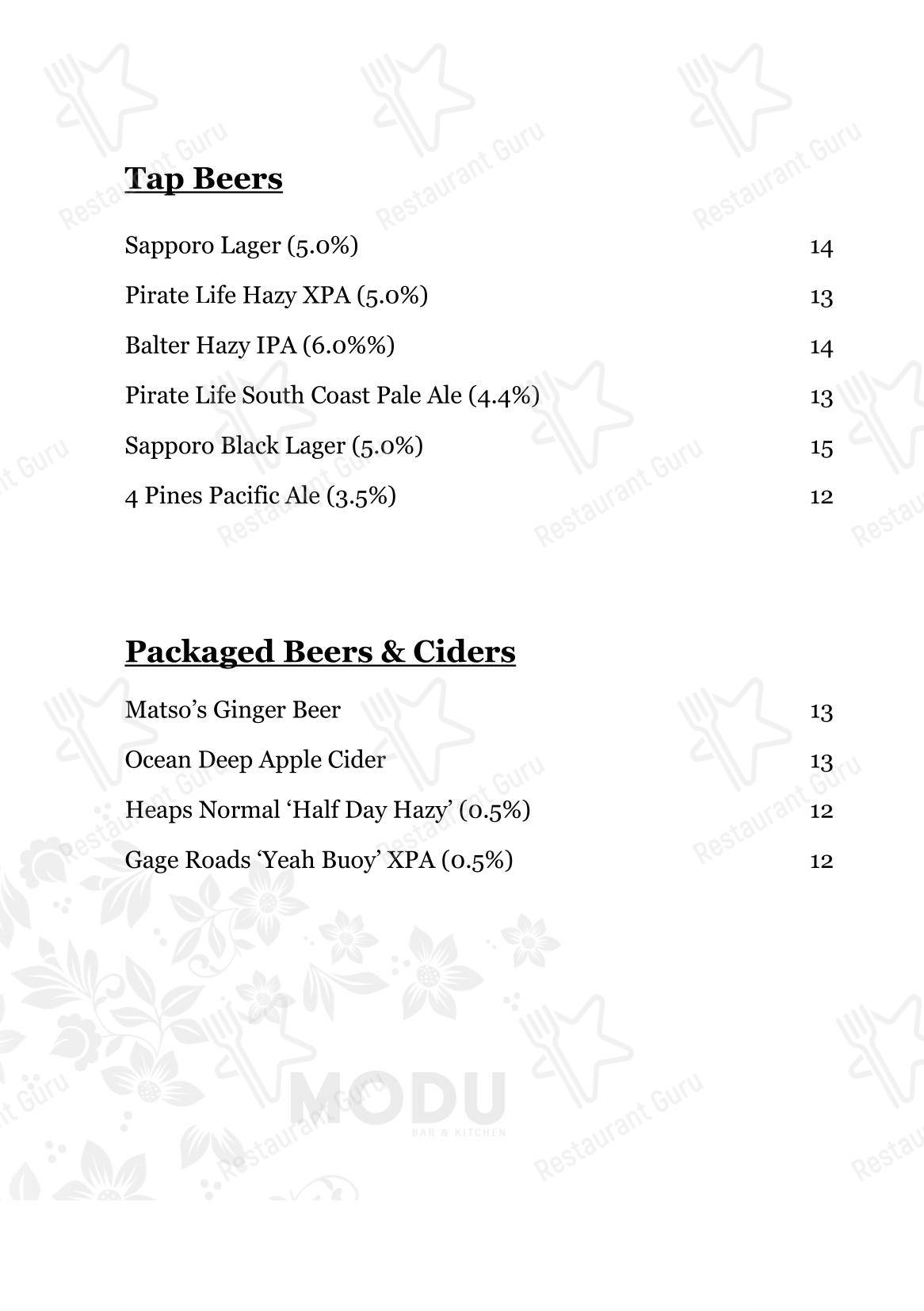 Modu Bar & Kitchen в Перте - Меню