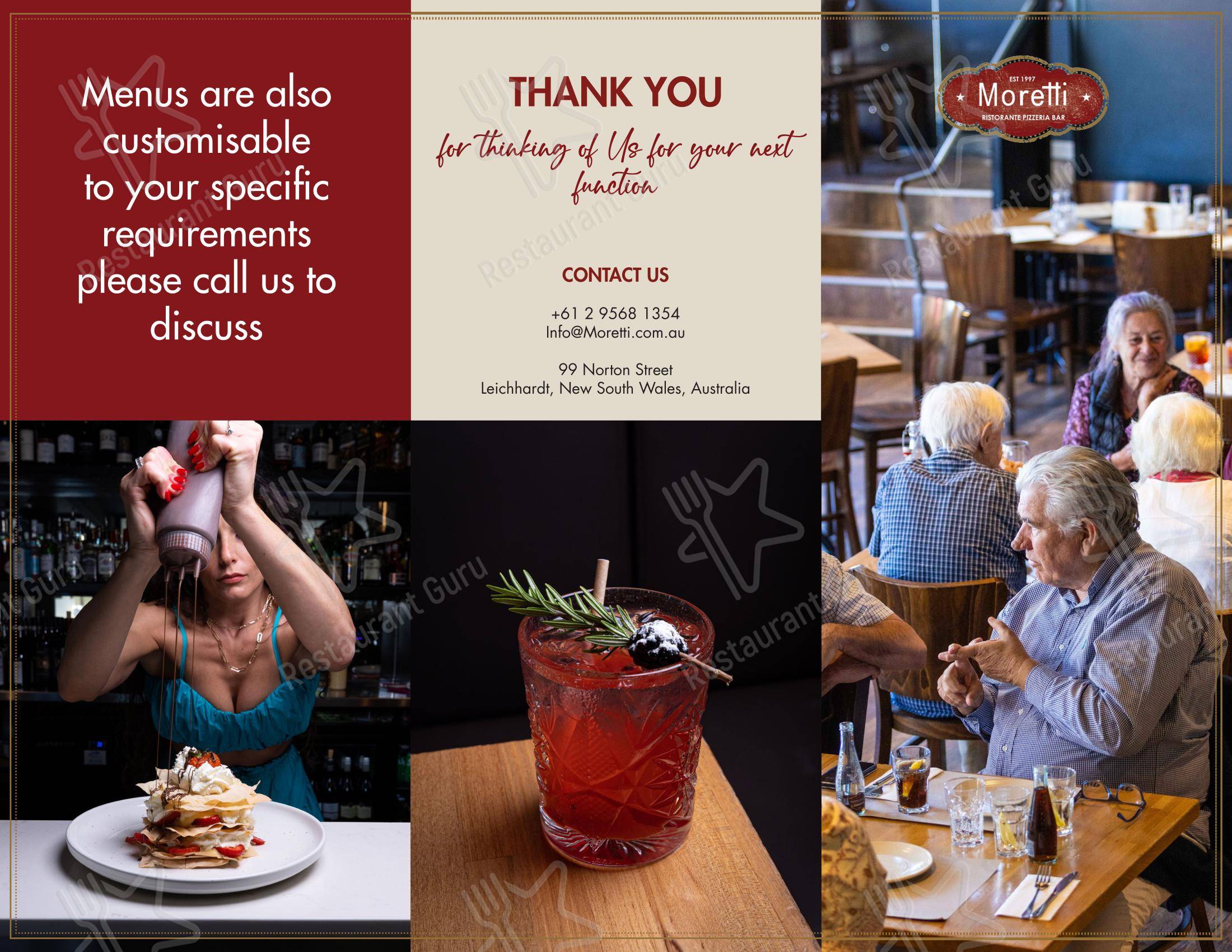 Меню кафе Moretti Italian Restaurant Leichhardt