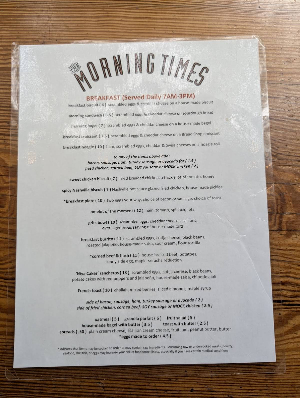 Morning Times меню