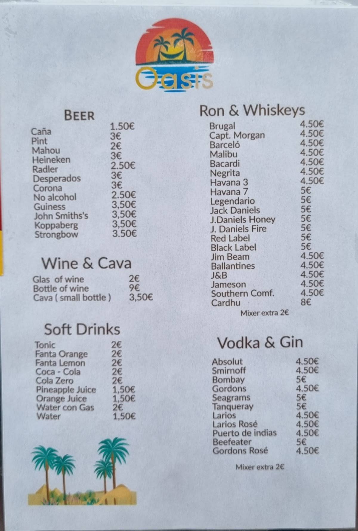 Oasis Bar. меню