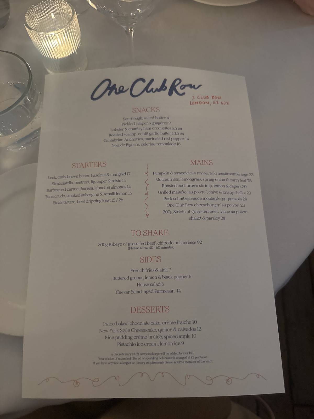 One Club Row меню