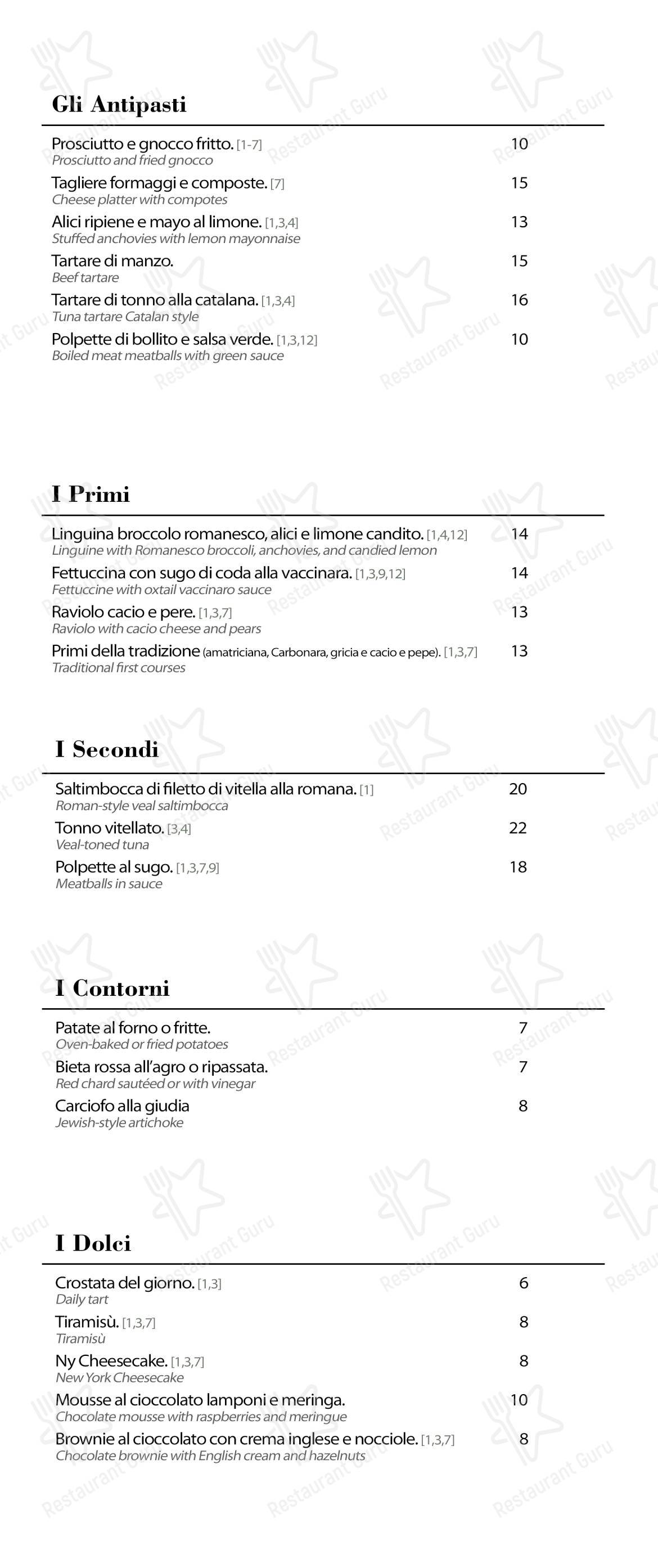 Osteria Garbatella в Риме - Меню