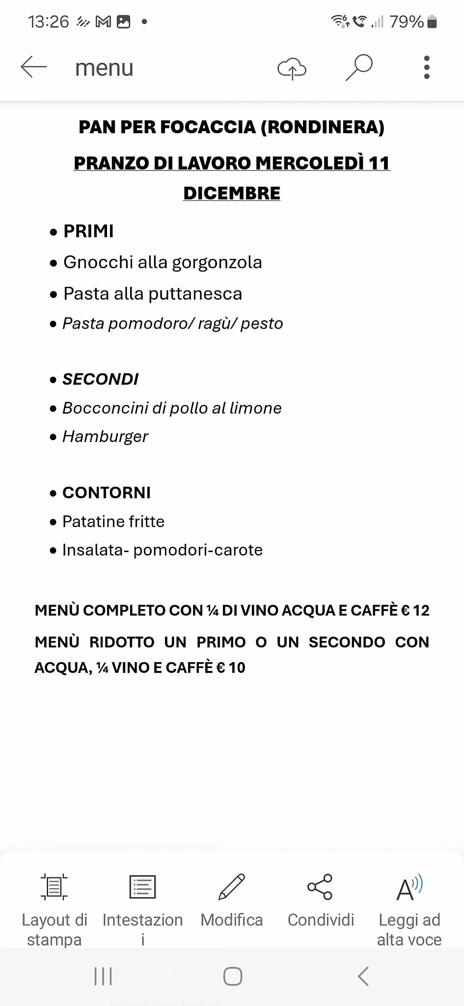 Pan per Focaccia2 меню