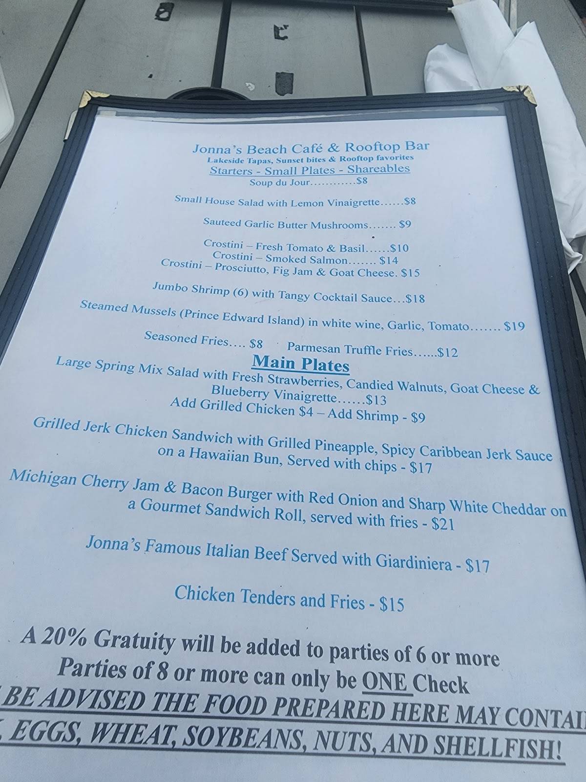 Pavilion Indiana Dunes - Beach Café меню