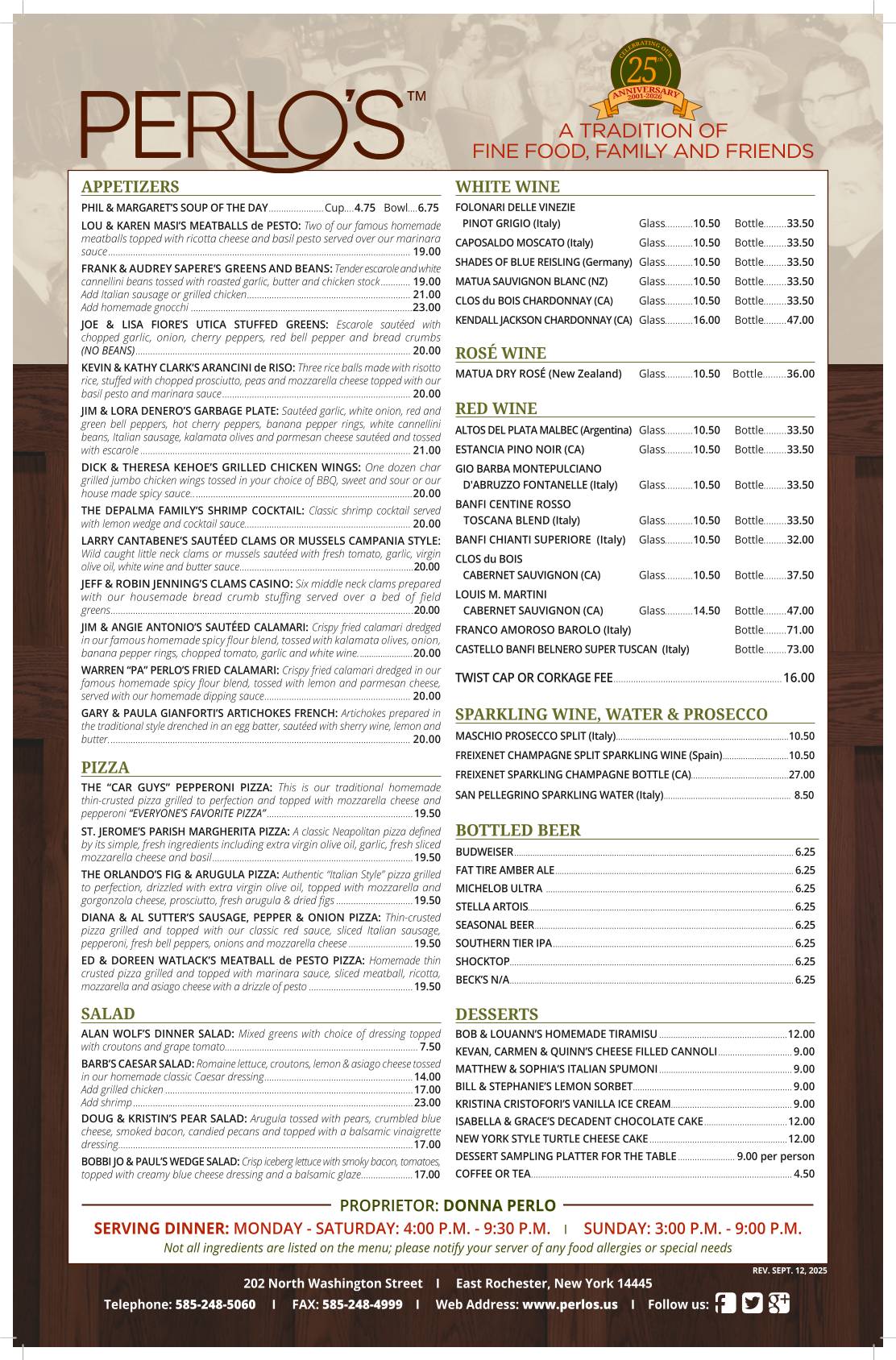 Perlo's Restaurant меню