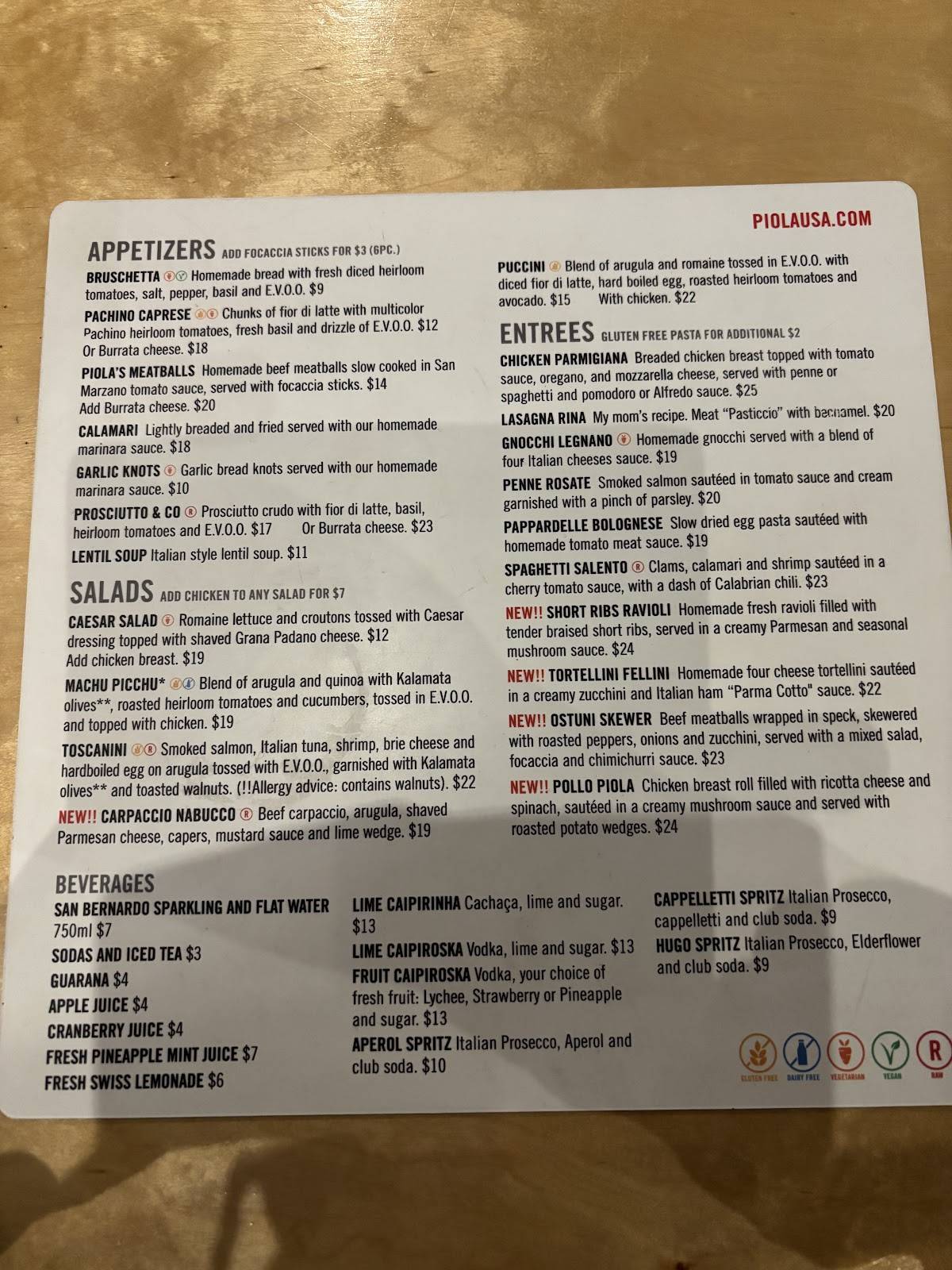 Piola Italian Restaurant меню