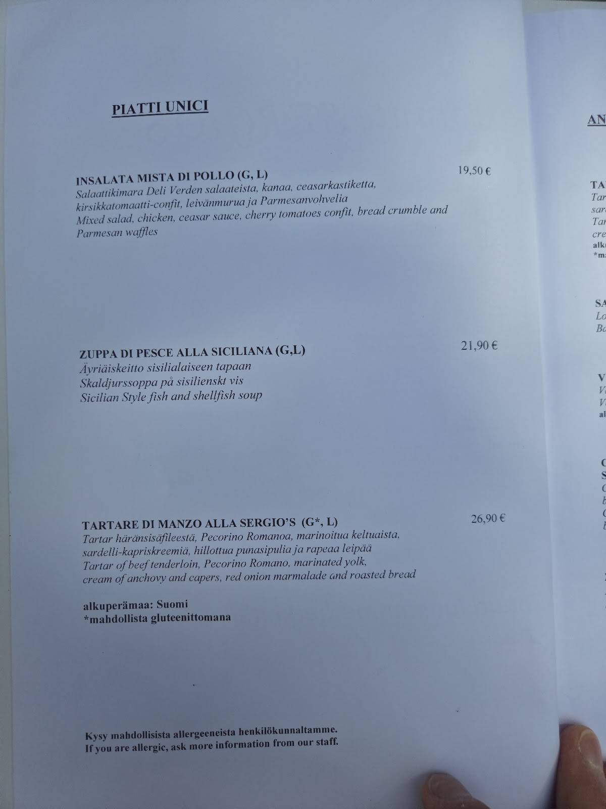 Ristorante Sergio’s меню