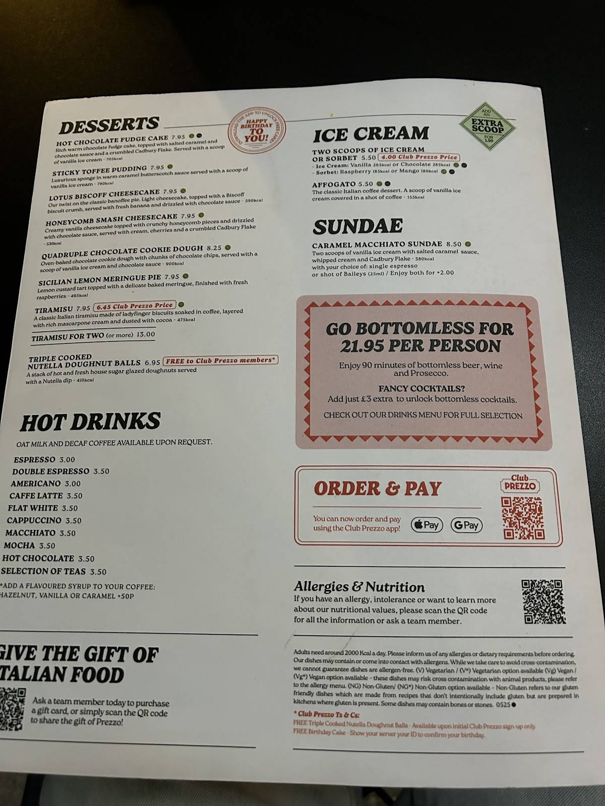 Prezzo Italian Restaurant Cheltenham меню