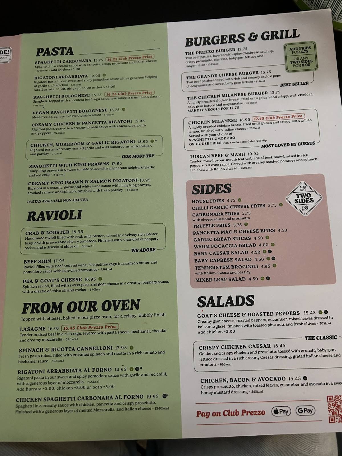 Prezzo Italian Restaurant Cheltenham меню