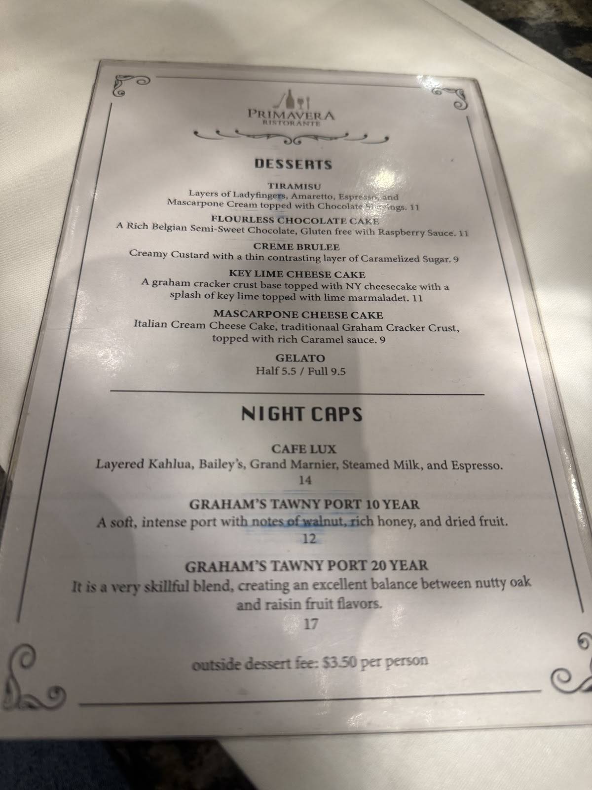 Primavera Ristorante меню
