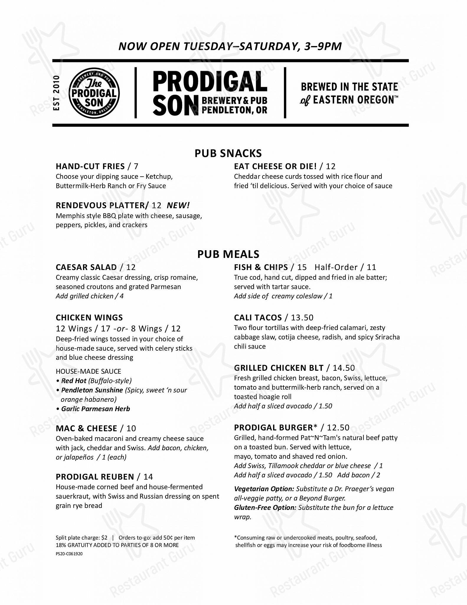 Меню паба и бара Prodigal Son Brewery & Pub - Wine Menu