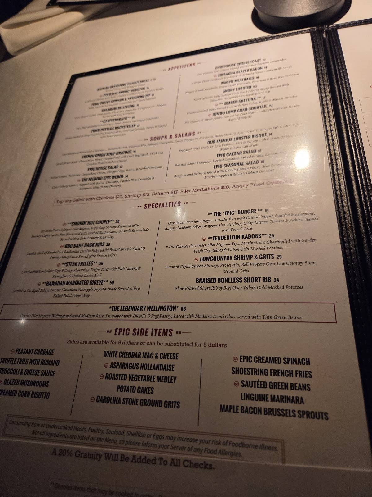 Epic Chophouse Raleigh меню