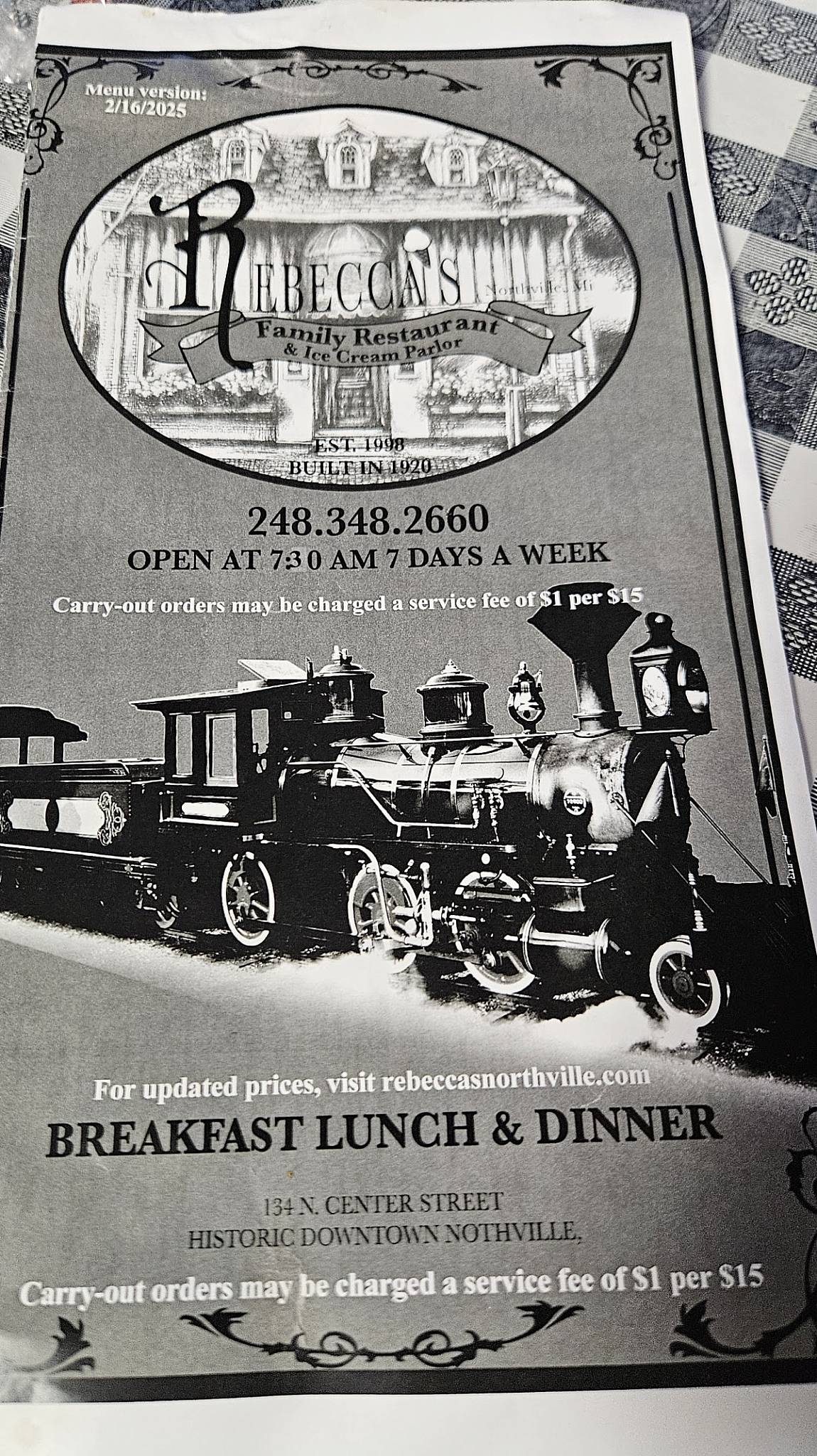 Rebecca's Family Restaurant & Ice Cream Parlor меню