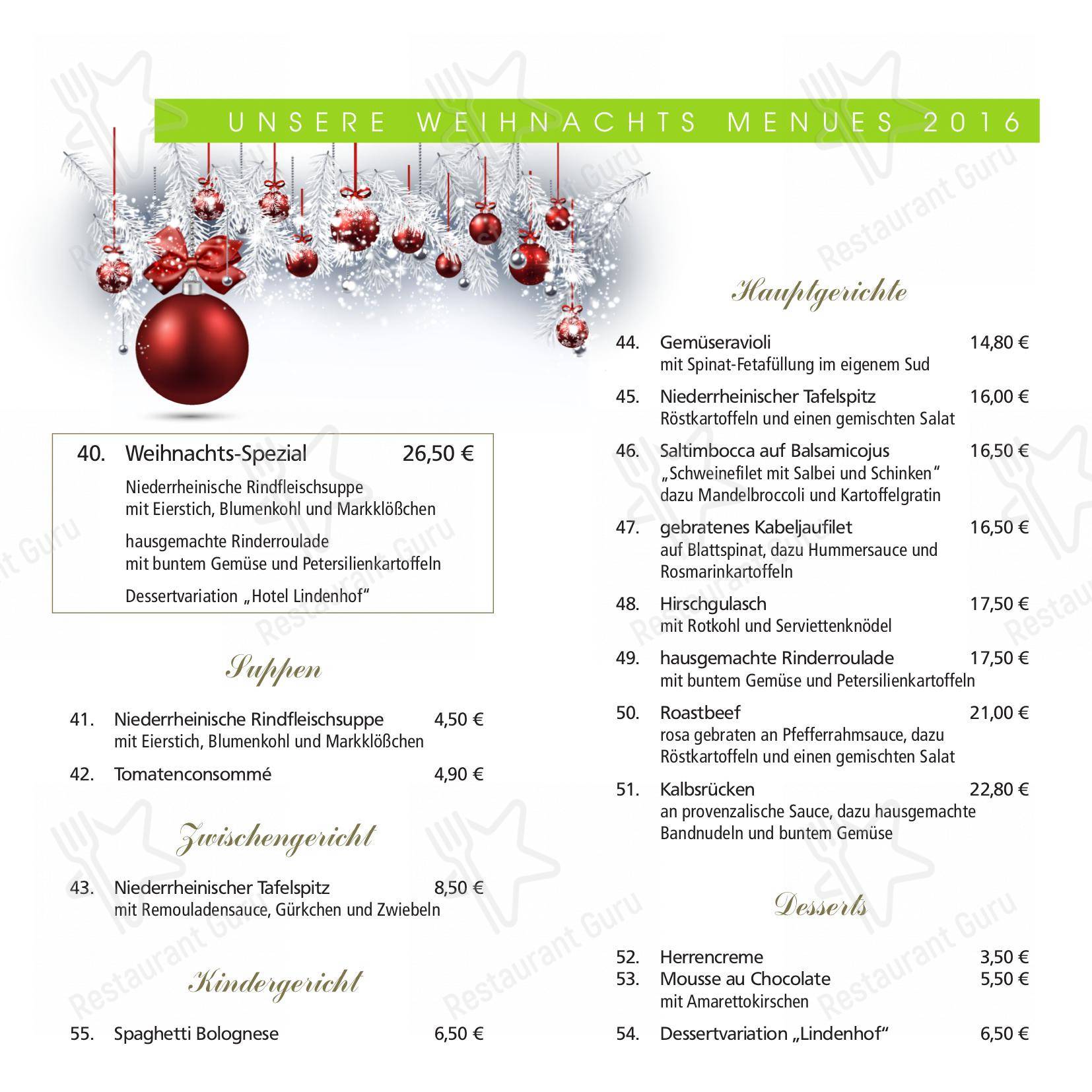 Lindenhof в Ресе - Dinner Menu