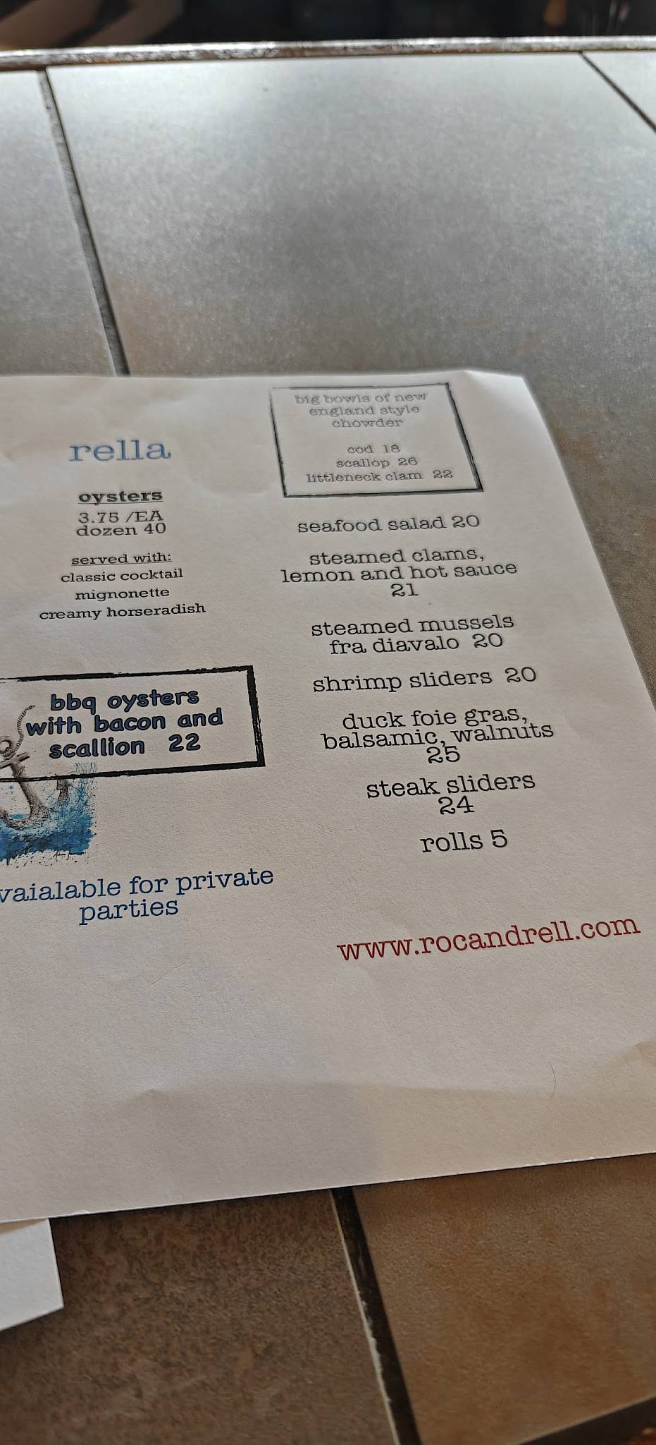Rella Oysters меню