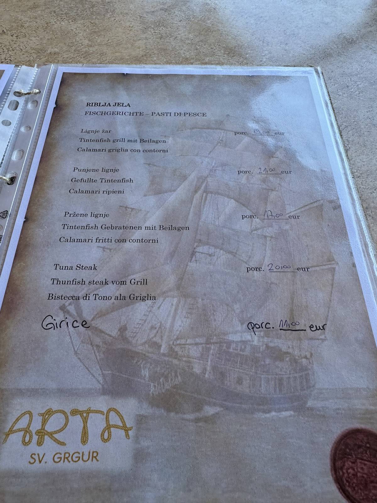 Restaurant Arta меню