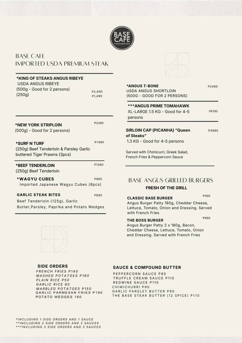 Base Cafe Steakhouse + Bar меню