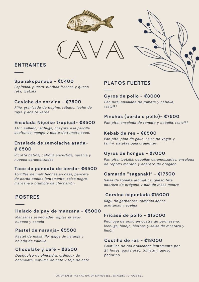 CAVA Mediterranean Manuel Antonio Restaurant Costa Rica меню