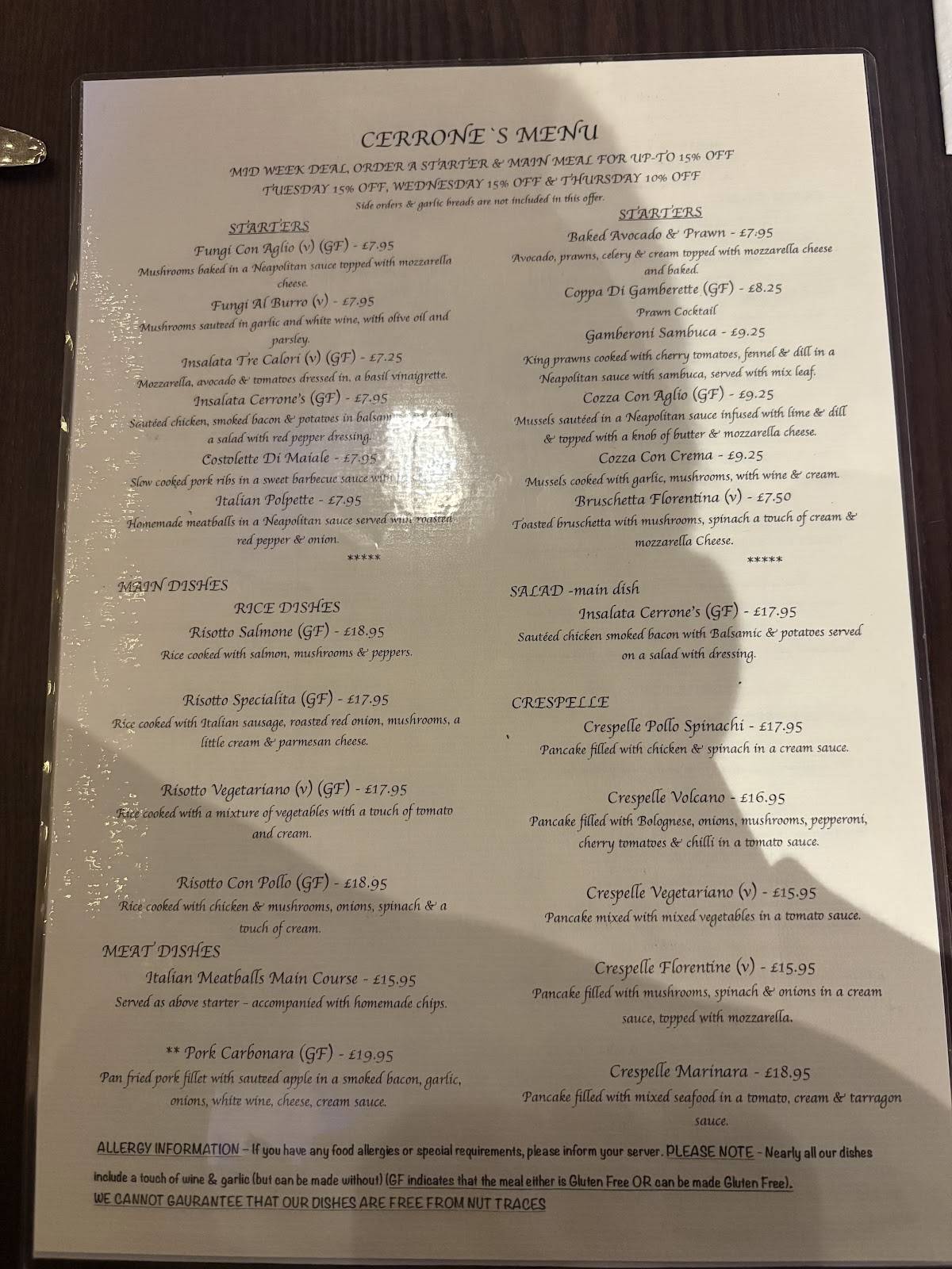 Cerrones Restaurant меню