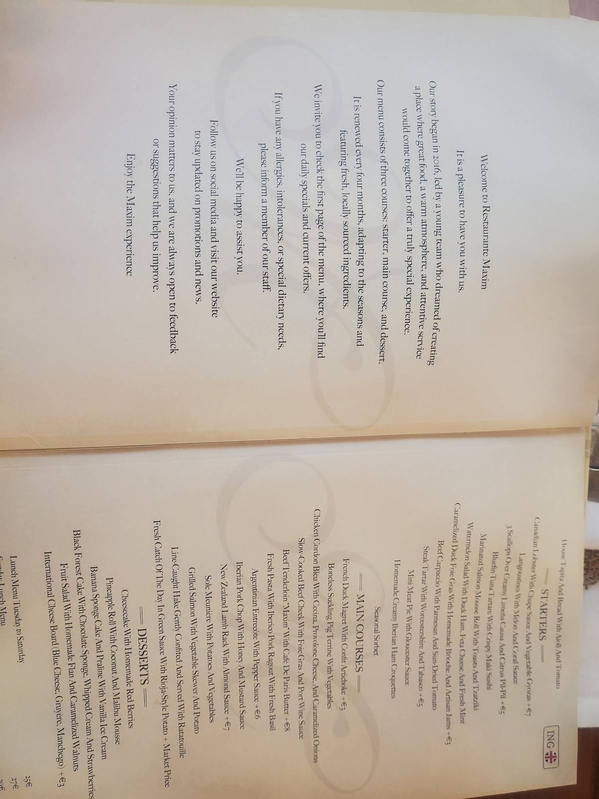 Maxim Restaurante меню
