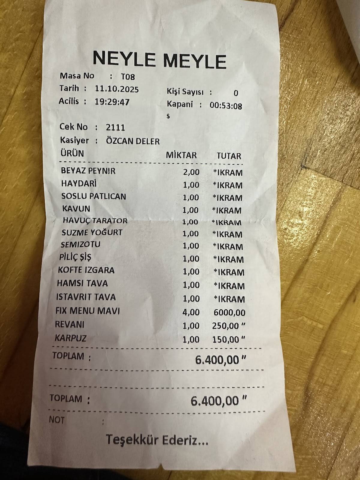 Ney'le Mey'le Meyhane меню