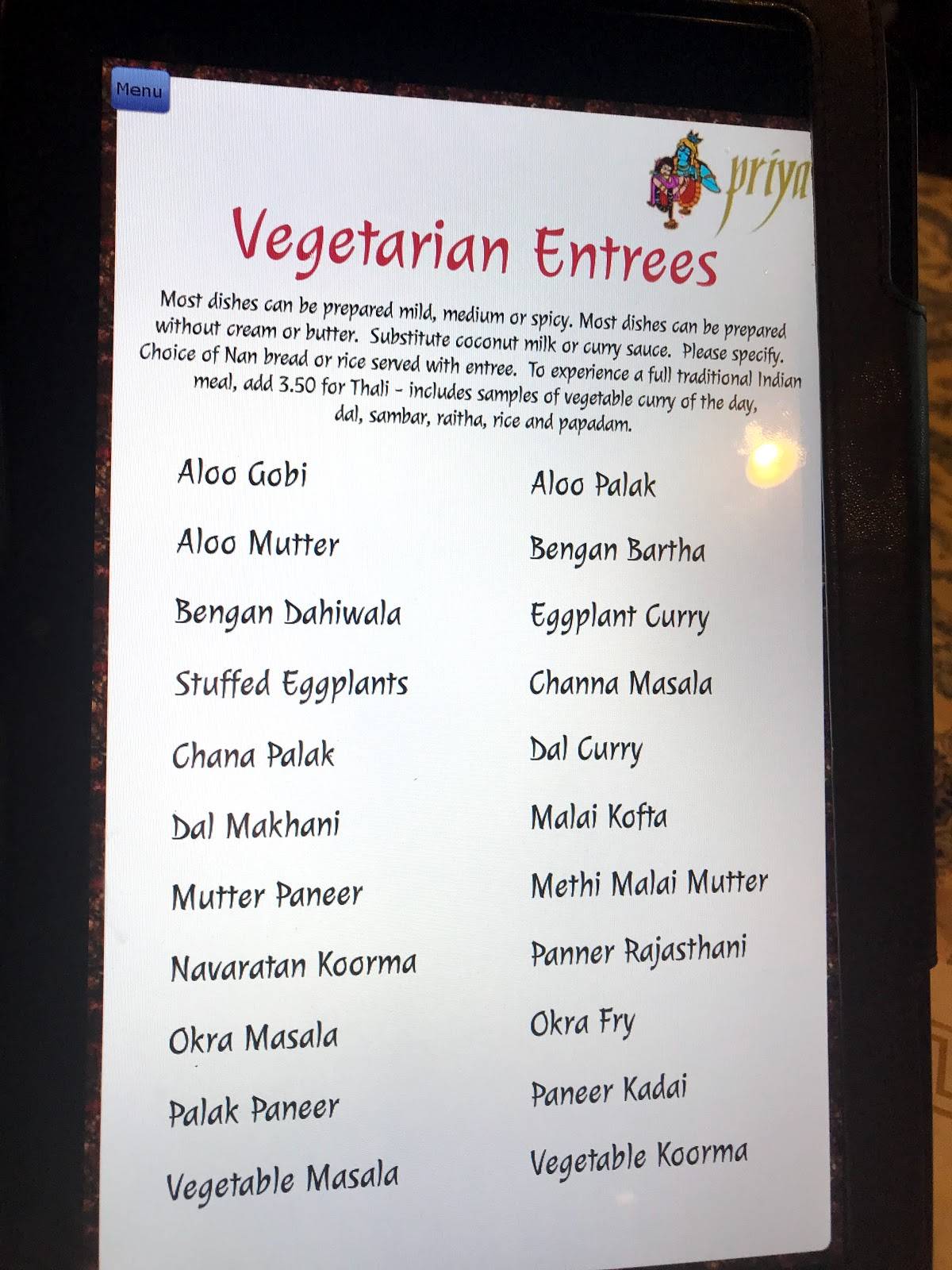 Priya Restaurant меню