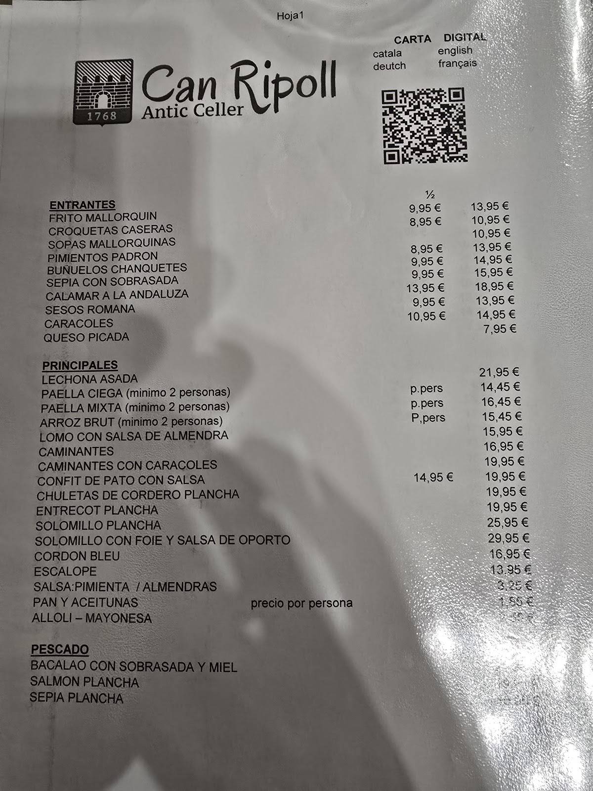 Restaurant Celler Ca'n Ripoll меню
