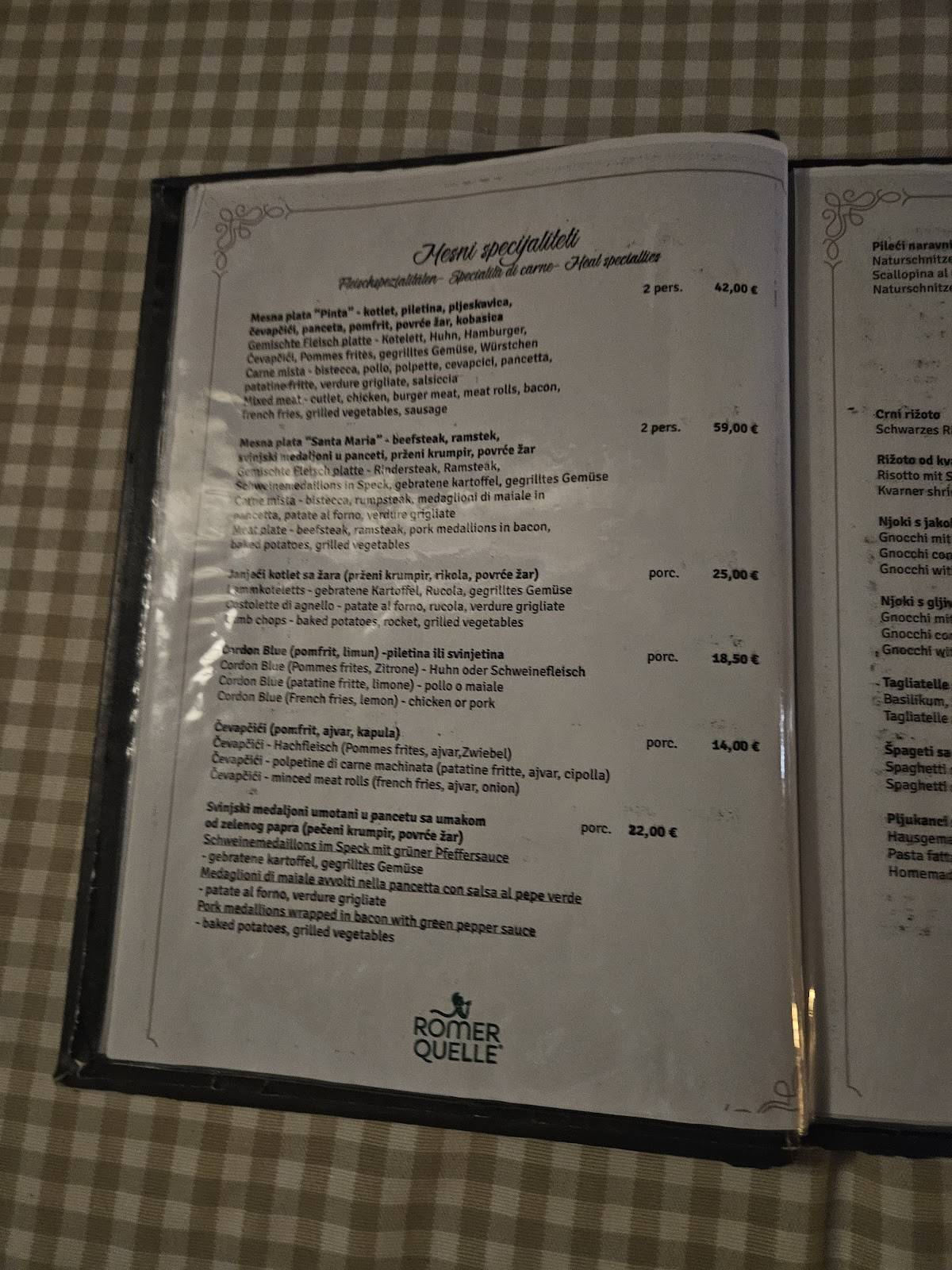 Restaurant Santa Maria меню