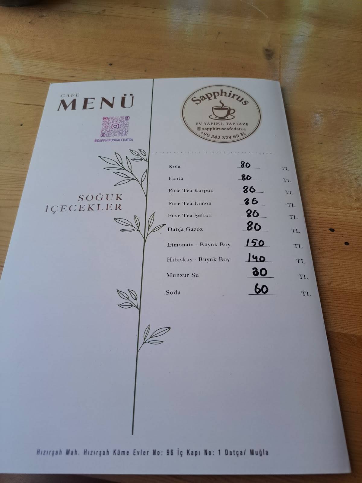 Sapphirus Cafe Datça меню