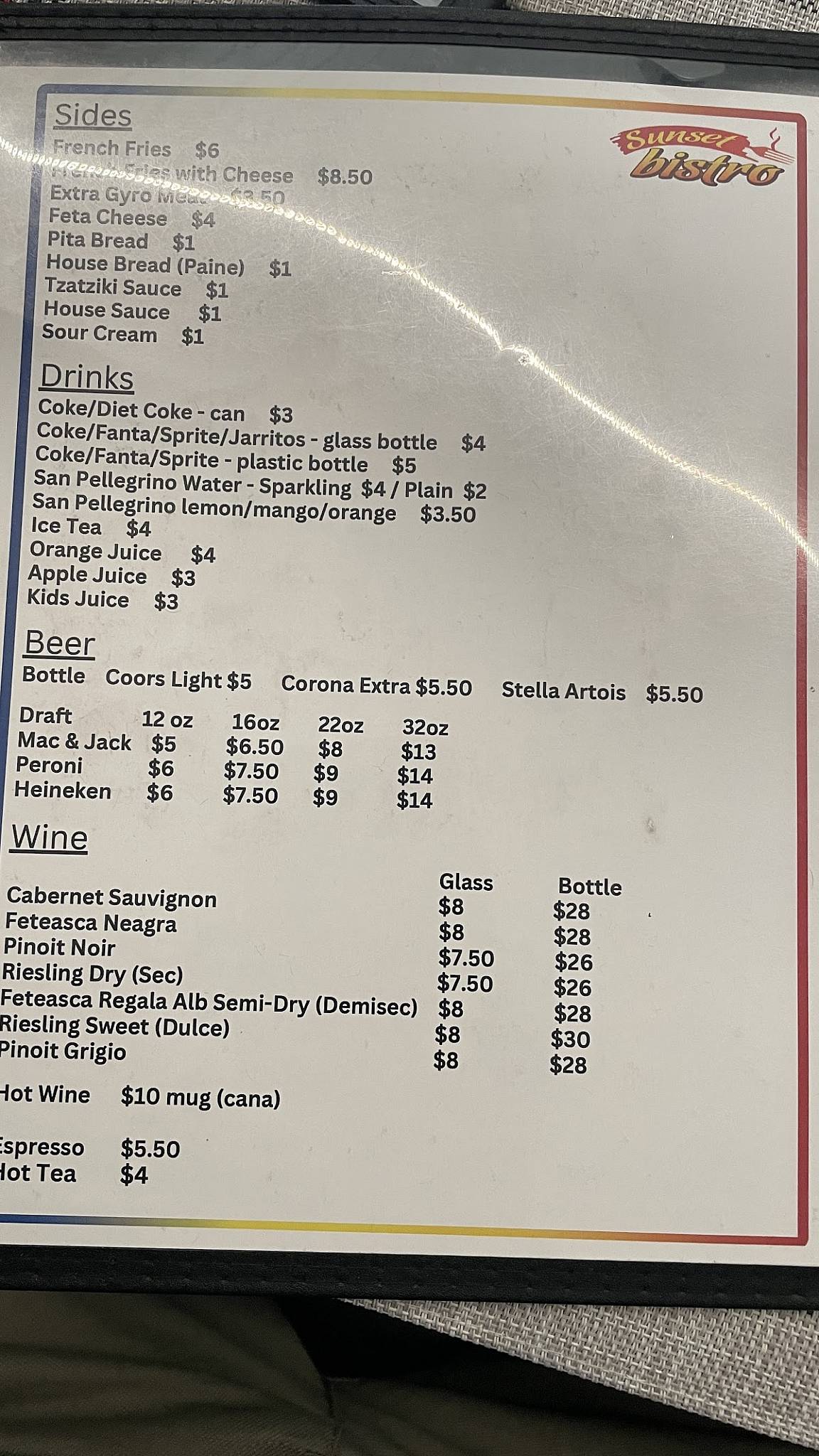 Sunset Bistro llc меню