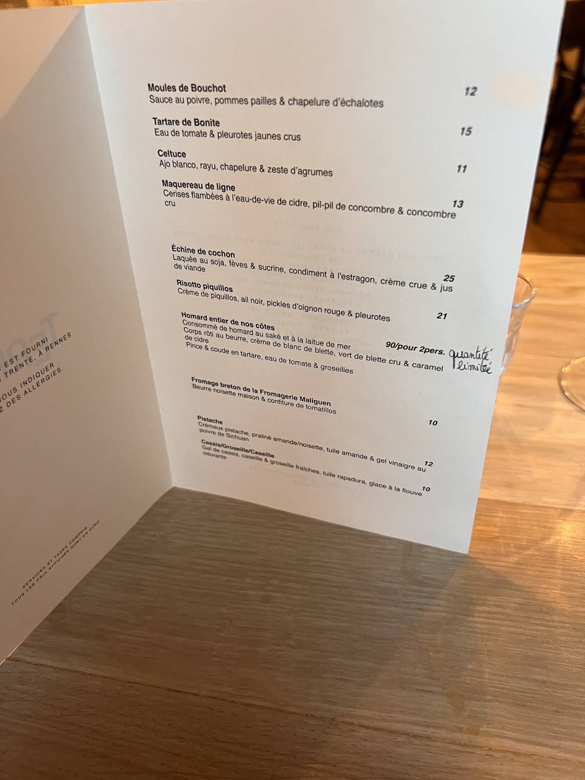 Restaurant Terrible меню
