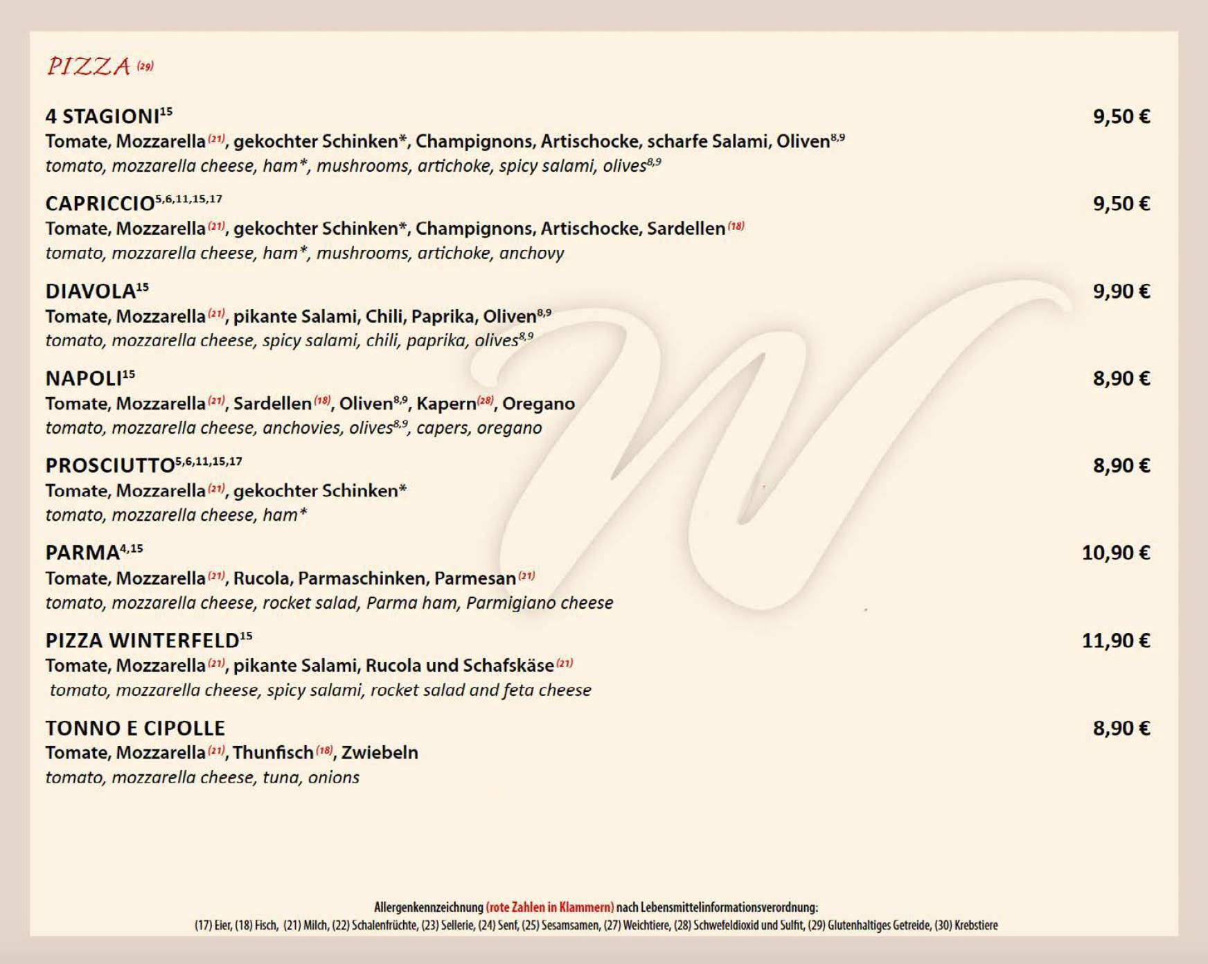 Restaurant Winterfeld меню